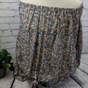 Drop shoulders elastic, cutout sleeve design, tie front floral blouse, L, sexy